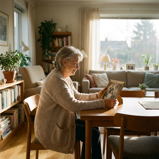 Eine nachdenkliche ältere Dame mit grauen Haaren sitzt an einem aufgeräumten Esstisch in einem hellen, gemütlichen Wohnzimmer und betrachtet friedlich ein gerahmtes Familienfoto. Warme Sonnenstrahlen fallen durch das große Fenster.