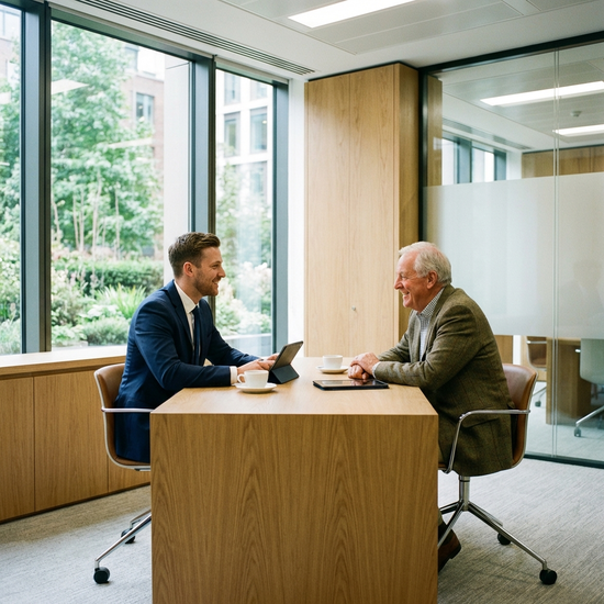 Ein freundlicher, professioneller Bankberater im Anzug sitzt einem älteren Herrn in einem modernen, lichtdurchfluteten Büro gegenüber. Beide lächeln sich bei einem entspannten Beratungsgespräch an.