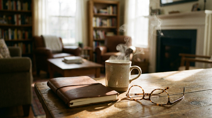 Eine dampfende Tasse Kaffee und ein geschlossenes Notizbuch liegen auf einem rustikalen Holztisch neben einer klassischen Lesebrille. Im Hintergrund ist unscharf ein gemütliches, sonnendurchflutetes Wohnzimmer zu erkennen.