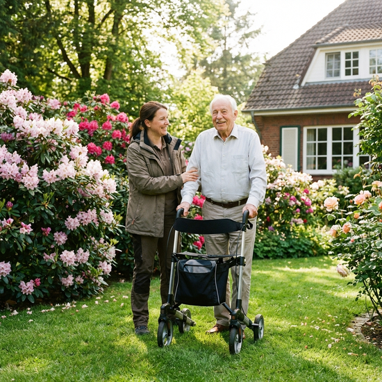 Eine engagierte, lächelnde Pflegekraft unterstützt einen fröhlichen Senior beim Gehen im eigenen Garten. Der Senior stützt sich leicht auf einen modernen Rollator, umgeben von blühenden Sträuchern und grünem Rasen.