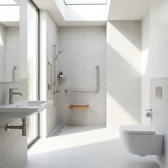 Ein modern umgebautes, helles und barrierefreies Badezimmer mit einer bodengleichen Dusche, eleganten Haltegriffen an den Wänden und einem klappbaren Duschsitz. Alles wirkt sehr sauber, modern und sicher.