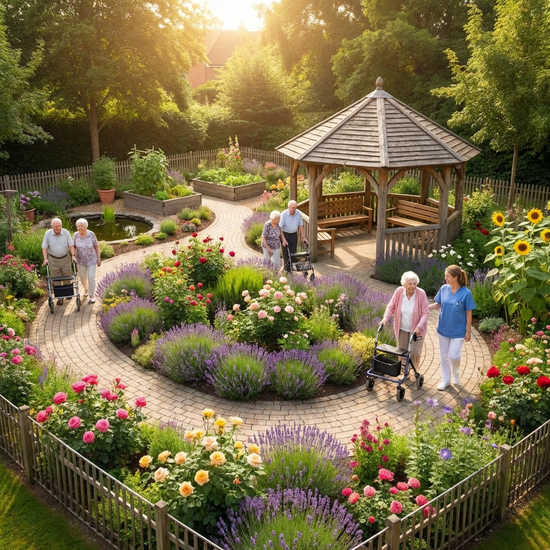 Ein sicherer, idyllischer Demenzgarten mit einem gepflasterten Rundweg, umgeben von bunten Blumenbeeten und einem kleinen Holzpavillon an einem sonnigen Nachmittag. Senioren spazieren entspannt.