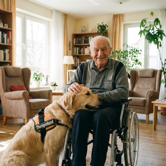 Ein freundlicher Therapiehund legt seinen Kopf sanft auf den Schoß eines lächelnden älteren Herrn im Rollstuhl in einem hellen Wohnzimmer.