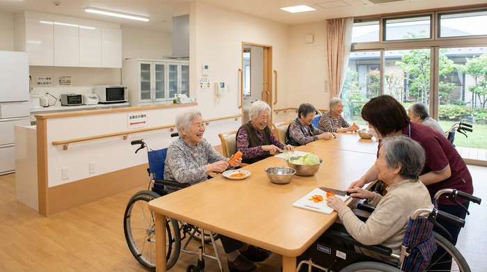 Eine geräumige, barrierefreie Wohnküche in einer Demenz-WG, in der ältere Menschen gemeinsam am Esstisch sitzen und bei der Zubereitung von Gemüse helfen.