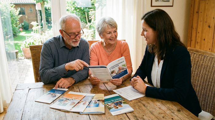 Ein älteres Ehepaar sitzt gemeinsam mit einem freundlichen Berater an einem Holztisch und schaut sich konzentriert verschiedene Informationsbroschüren an.