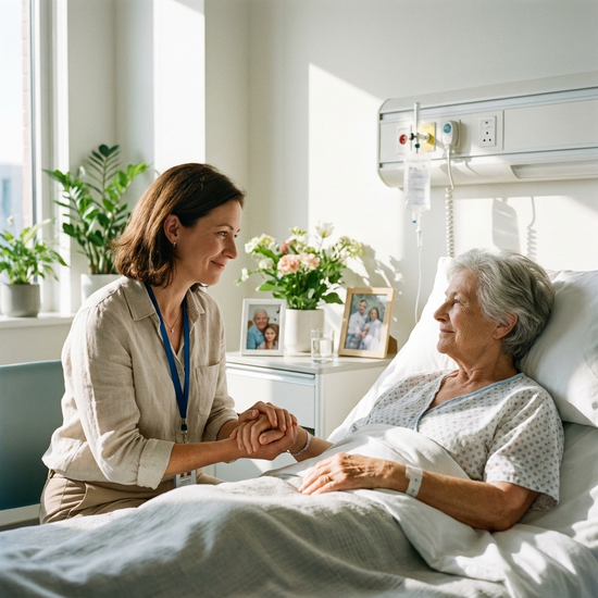 Eine empathische Sozialarbeiterin im Krankenhaus spricht beruhigend mit einer älteren Patientin im Bett, helles und sauberes Krankenzimmer, professionelle und vertrauensvolle Szene.