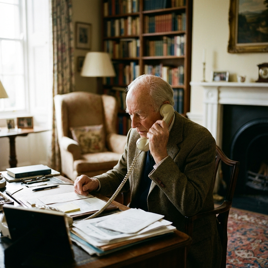 Ein älterer Herr telefoniert konzentriert an seinem Schreibtisch zu Hause, im Hintergrund unscharf ein gemütliches Wohnzimmer mit Bücherregal.