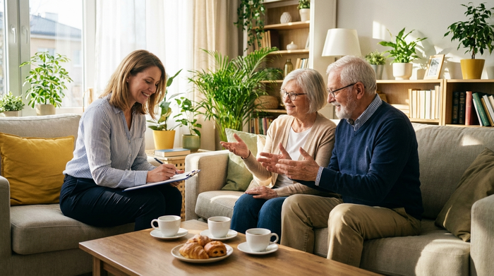Eine freundliche Gutachterin sitzt mit einem älteren Ehepaar auf dem Sofa, macht sich Notizen auf einem Klemmbrett, entspannte und kooperative Stimmung, tageslichtdurchfluteter Raum.