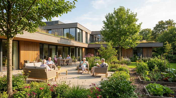 Eine moderne Pflegeeinrichtung von außen mit gepflegtem Garten, Senioren sitzen entspannt auf einer sonnigen Terrasse, viel Grün, einladende Architektur ohne Beschilderung.