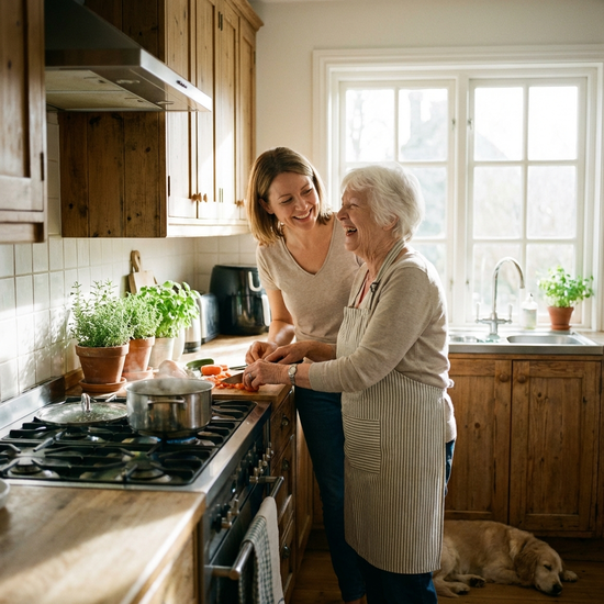 Eine liebevolle Betreuungskraft kocht gemeinsam mit einer lachenden Seniorin in einer gemütlichen, sauberen und gut beleuchteten Küche.