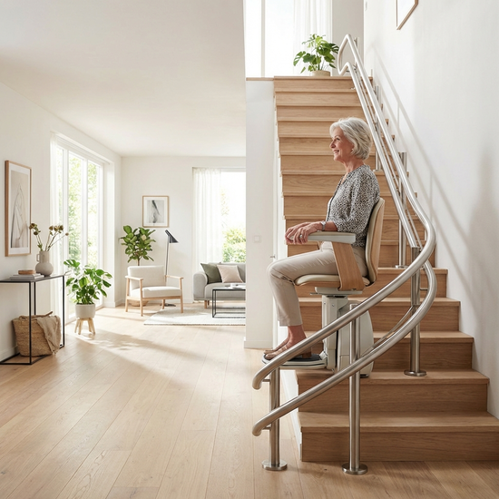 Ein moderner Treppenlift in einem hellen Einfamilienhaus, der elegant an einer Holztreppe nach oben führt, sicheres und gepflegtes Wohnumfeld.