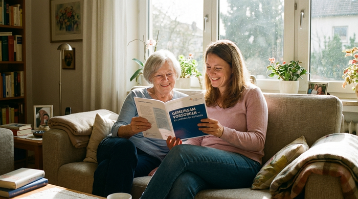 Eine ältere Dame und ihre erwachsene Tochter sitzen entspannt auf einem Sofa im heimischen Wohnzimmer. Sie betrachten gemeinsam lächelnd ein Informationsheft. Die Stimmung ist erleichtert und harmonisch. Helles Tageslicht fällt durch das Fenster.