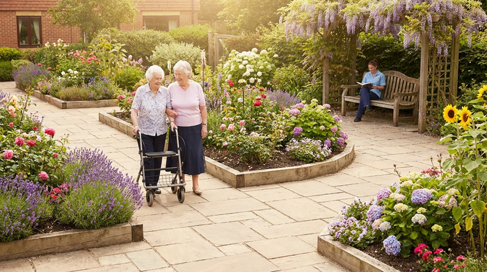 Ein sonniger, barrierefreier Garten mit gepflasterten Wegen und bunten Blumenbeeten. Zwei ältere Frauen spazieren langsam Arm in Arm durch den Garten, während im Hintergrund eine Pflegekraft auf einer Holzbank sitzt. Ruhige, idyllische Stimmung.