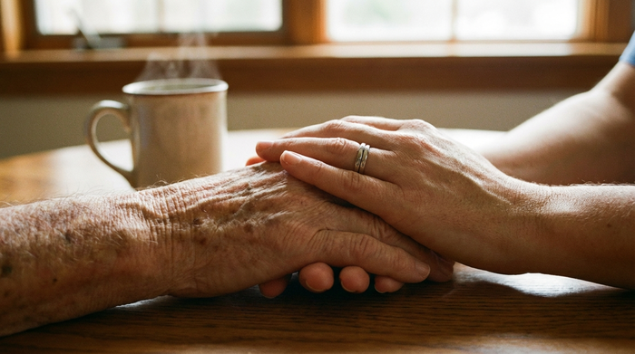 Eine Nahaufnahme von zwei Händen, die sanft übereinanderliegen – die faltige Hand eines Seniors und die jüngere Hand einer Pflegekraft. Im Hintergrund unscharf eine Kaffeetasse auf einem Tisch. Vermittelt Vertrauen, Geborgenheit und professionelle Fürsorge.