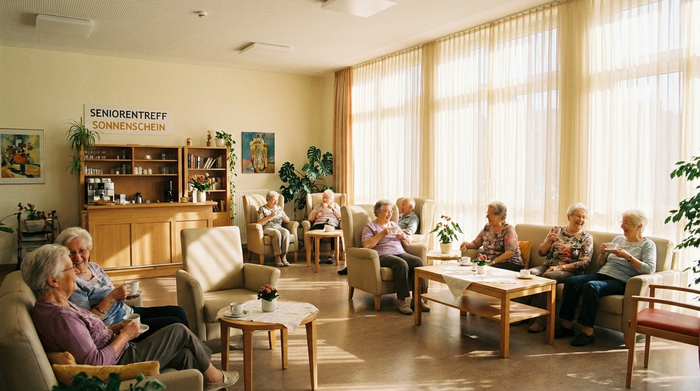 Ein geräumiger, heller Aufenthaltsraum einer Tagespflege mit gemütlichen Sesseln. Ältere Menschen sitzen entspannt zusammen und trinken Kaffee. Sonniges, freundliches Ambiente, saubere Umgebung, realistische Fotografie.