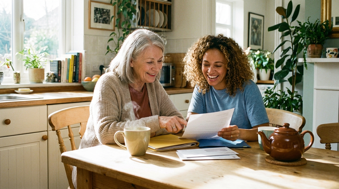 Eine ältere Frau und ihre erwachsene Tochter sitzen lächelnd am Küchentisch und schauen sich gemeinsam Dokumente an. Eine Tasse Tee steht auf dem Tisch. Entspannte, erleichterte Stimmung, helles Raumlicht.