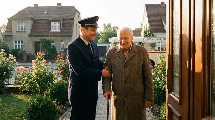 Ein freundlicher Busfahrer reicht einem älteren Herrn mit Gehstock stützend den Arm an einer sauberen Haustür. Der Senior lächelt dankbar. Warme Morgenbeleuchtung, friedliche Wohngegend.