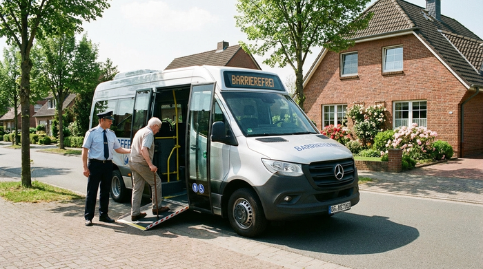 Ein moderner, rollstuhlgerechter Kleinbus steht mit geöffneter Tür vor einem gepflegten Einfamilienhaus in einer sonnigen Vorstadtstraße. Ein freundlicher Fahrer hilft einem älteren Herrn mit Gehstock behutsam beim Einstieg.