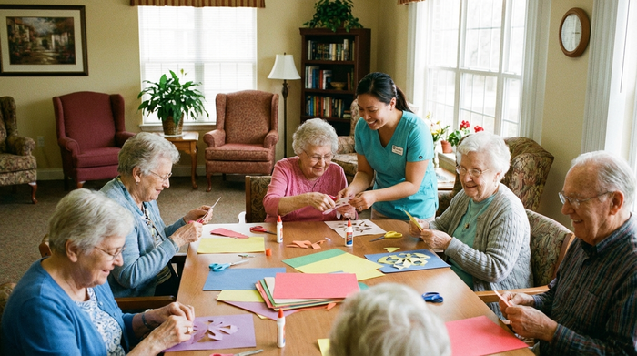 Eine Gruppe von Senioren sitzt in einem gemütlichen, lichtdurchfluteten Raum zusammen und bastelt konzentriert mit bunten Papierbögen. Eine lächelnde Betreuerin unterstützt sie liebevoll. Im Hintergrund stehen bequeme Ruhesessel.