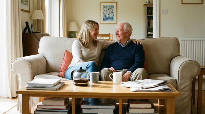 Eine erwachsene Tochter und ihr älterer Vater sitzen entspannt auf einem Sofa im heimischen Wohnzimmer und lächeln sich glücklich an. Auf dem Couchtisch stehen Kaffeetassen. Die Stimmung ist harmonisch und völlig stressfrei.