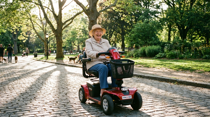 Eine ältere Dame fährt an einem sonnigen Nachmittag mit einem modernen, roten Elektromobil sicher über einen gepflasterten Weg in einem grünen Park. Sie trägt eine leichte Jacke und lächelt zufrieden.