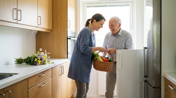Eine herzliche Pflegekraft in dezenter Arbeitskleidung räumt gemeinsam mit einem fröhlichen älteren Herrn frisches Gemüse in die saubere Küche ein. Helles Tageslicht, aufgeräumte Arbeitsfläche, harmonische Stimmung.
