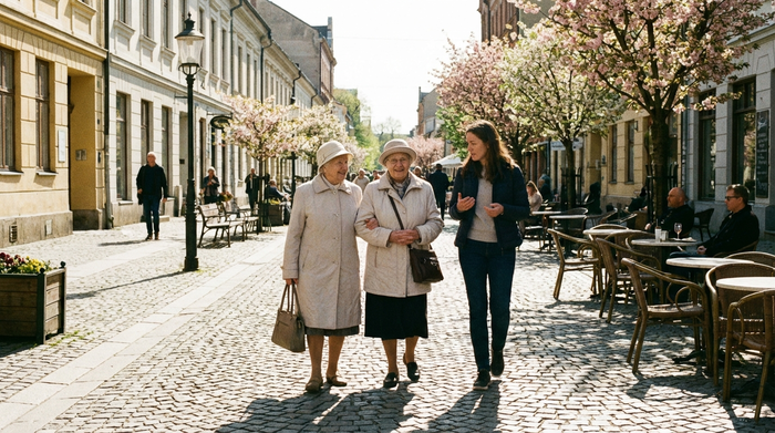 Zwei ältere Damen spazieren entspannt an einem sonnigen Tag durch eine gepflegte Fußgängerzone, begleitet von einer aufmerksamen Alltagsbegleiterin. Realistische Straßenszene, klare Umgebung, keine lesbaren Schilder.