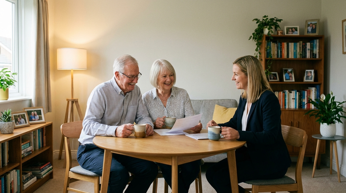 Ein älteres Ehepaar sitzt gemeinsam mit einer sympathischen Beraterin an einem runden Holztisch im Wohnzimmer und bespricht lächelnd Dokumente. Warme Beleuchtung, aufgeräumtes Zimmer, entspannte und vertrauensvolle Atmosphäre.
