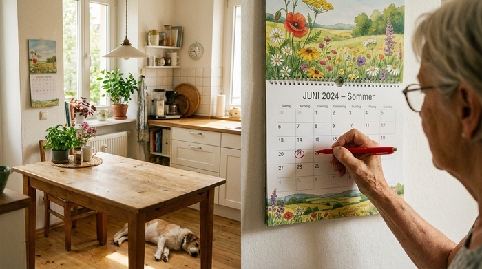 Ein detaillierter Blick auf einen Wandkalender in einer gemütlichen Küche, eine ältere Hand markiert mit einem roten Stift den Sommermonat Juni. Helles Licht, sauberes und klares Umfeld.