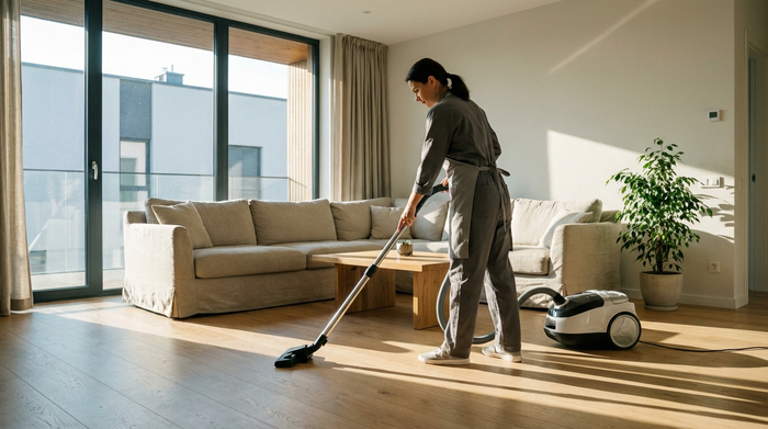 Eine Reinigungskraft saugt konzentriert den hellen Holzboden in einem modernen, aufgeräumten Wohnzimmer. Sonnenlicht fällt durch große Fenster.