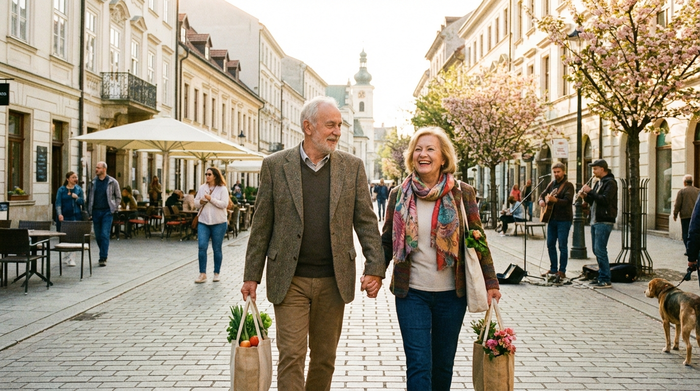 Ein älterer Herr und eine lächelnde Begleiterin gehen gemeinsam mit Einkaufstaschen durch eine sonnige, saubere Fußgängerzone.
