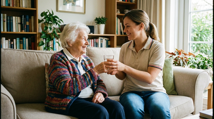 Eine ältere Frau sitzt entspannt auf dem Sofa, während eine sympathische Betreuerin ihr ein Glas Wasser reicht. Beide lächeln sich vertraut an.