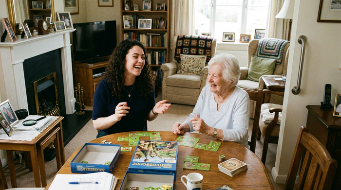 Zwei Frauen, eine jünger, eine älter, spielen fröhlich ein Brettspiel am Esstisch. Im Hintergrund sieht man eine gemütliche, altersgerechte Einrichtung.