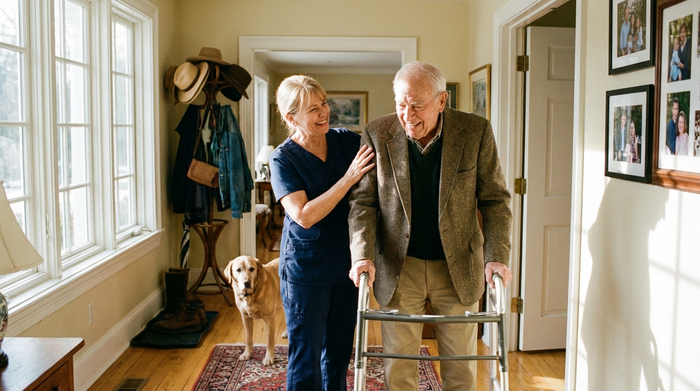 Eine Seniorenassistentin hilft einem älteren Mann liebevoll beim Anziehen einer Jacke im Flur eines hellen Hauses.
