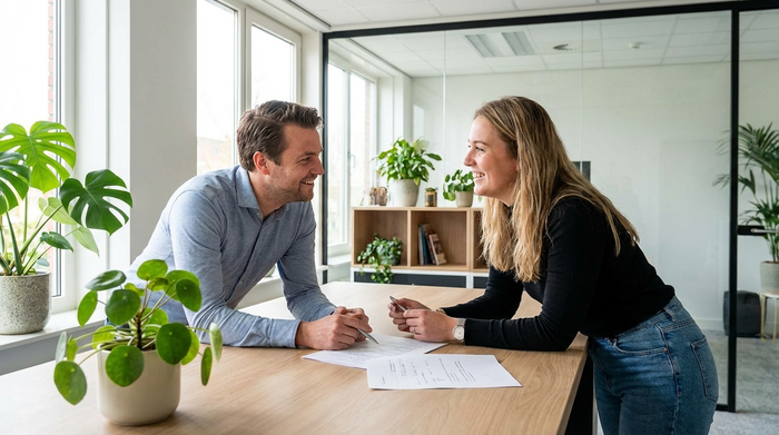 Zwei Personen sitzen sich an einem modernen Schreibtisch gegenüber und besprechen lächelnd Dokumente. Helles Büro, professionelles Setting, Pflanzen auf dem Tisch. Keine lesbaren Texte auf den Papieren.