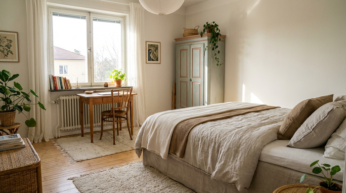 Ein helles, liebevoll eingerichtetes Gästezimmer mit einem bequemen Bett, einem kleinen Schreibtisch am Fenster und einem Kleiderschrank. Einladende und saubere Umgebung.