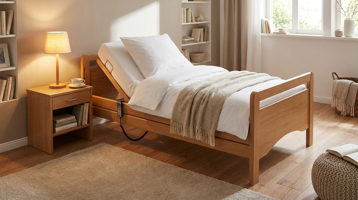 Ein hochwertiges, elektrisches Pflegebett steht in einem gemütlich eingerichteten Schlafzimmer. Frische weiße Bettwäsche und ein Nachttisch mit einer Leselampe sorgen für eine wohnliche Umgebung.