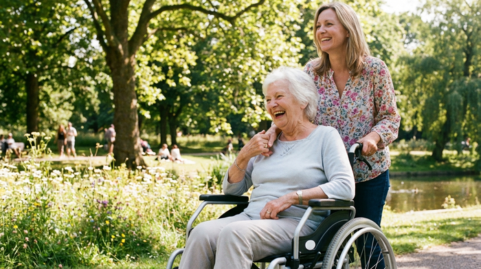 Eine rüstige Seniorin wird von ihrer Tochter in einem leichten Aluminium-Rollstuhl durch einen sonnigen Park geschoben. Beide lächeln und genießen den gemeinsamen Ausflug.