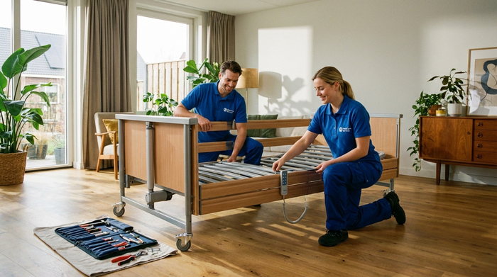 Zwei freundliche Techniker in sauberer Arbeitskleidung montieren sorgfältig ein Pflegebett in einem geräumigen Zimmer. Werkzeug liegt ordentlich bereit, während sie konzentriert arbeiten.