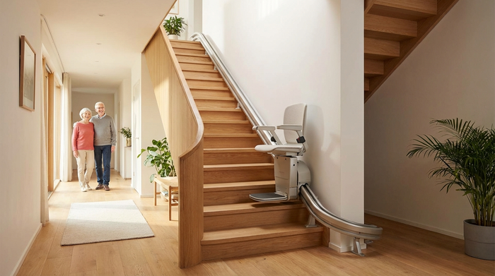 Ein moderner, unauffälliger Treppenlift gleitet sanft an einer geschwungenen Holztreppe in einem gepflegten Einfamilienhaus hinauf. Die Umgebung wirkt einladend und barrierefrei.