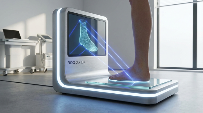 Ein moderner, leuchtender 3D-Fußscanner in einer sauberen Praxis. Ein Fuß steht auf der beleuchteten Glasplatte, während ein blauer Laser die Konturen berührungslos erfasst.