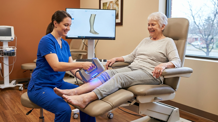Eine medizinische Fachkraft vermisst behutsam mit einem digitalen 3D-Scanner die Beine einer lächelnden Seniorin, die entspannt auf einem bequemen Stuhl sitzt.