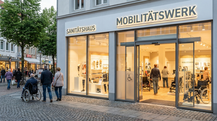 Einladendes Schaufenster eines modernen Sanitätshauses in einer Fußgängerzone. Große Glasfronten, helle Beleuchtung und barrierefreier Eingang für Rollstuhlfahrer.