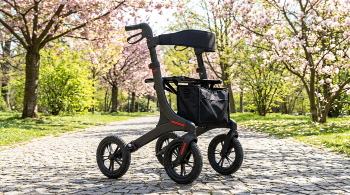 Ein moderner, leichter Carbon-Rollator steht elegant geparkt auf einem gepflasterten Weg in einem sonnigen Park. Frühlingshafte Bäume im Hintergrund, realistische und klare Darstellung ohne Menschen.