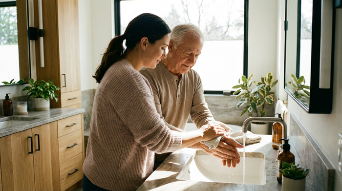 Eine behutsame Pflegekraft wäscht die Hände eines älteren Herrn mit einem weichen Waschlappen an einem hellen, modernen Badezimmerwaschbecken.