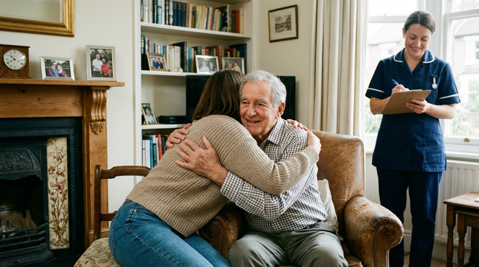 Eine erwachsene Tochter umarmt ihren älteren Vater im Wohnzimmer, während im Hintergrund eine professionelle Pflegekraft diskret Notizen auf einem Klemmbrett macht.