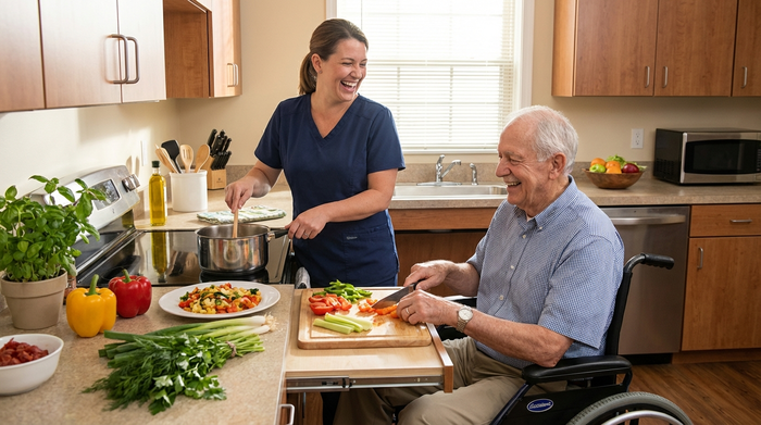 Eine engagierte Betreuungskraft kocht gemeinsam mit einem fröhlichen Senior in einer gut ausgestatteten, barrierefreien Küche ein gesundes Mittagessen.