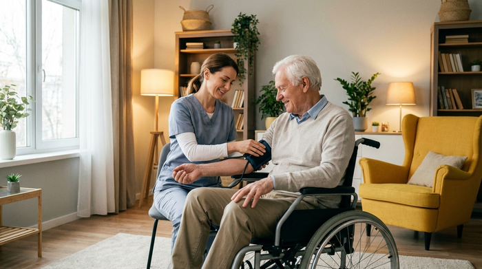 Eine professionelle Pflegekraft misst sanft den Blutdruck eines älteren Herrn im Rollstuhl in einem aufgeräumten, hellen Wohnzimmer. Warme Beleuchtung und eine entspannte Atmosphäre.