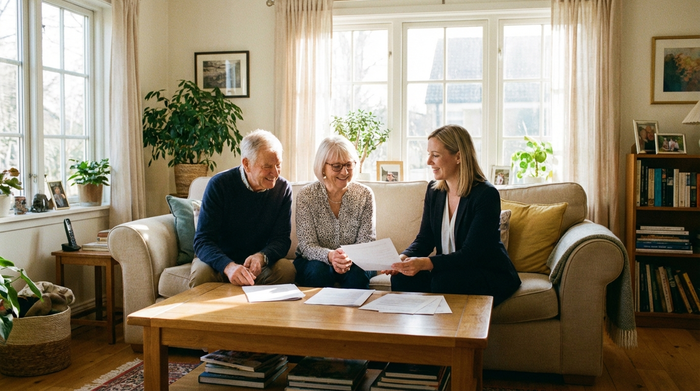 Ein älteres Ehepaar sitzt mit einer freundlichen Beraterin auf dem Sofa, sie betrachten gemeinsam Dokumente auf dem Couchtisch. Helle, freundliche Raumatmosphäre ohne lesbaren Text auf den Papieren.