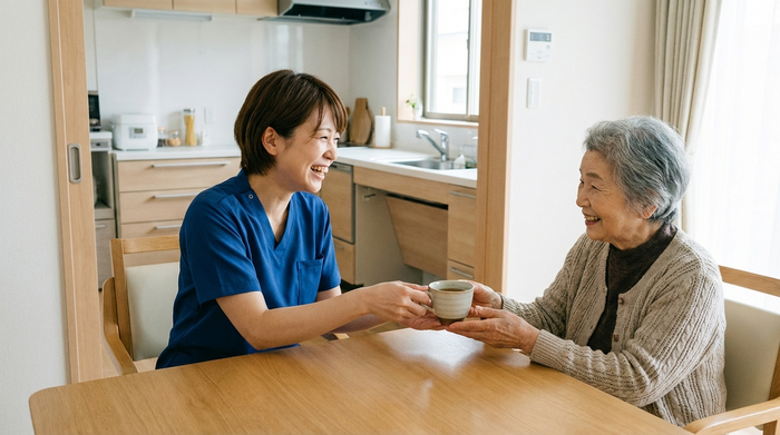 Eine lächelnde Pflegerin reicht einer Seniorin liebevoll eine Tasse Tee am Esstisch. Im Hintergrund eine aufgeräumte, moderne Küche mit barrierefreien Elementen.